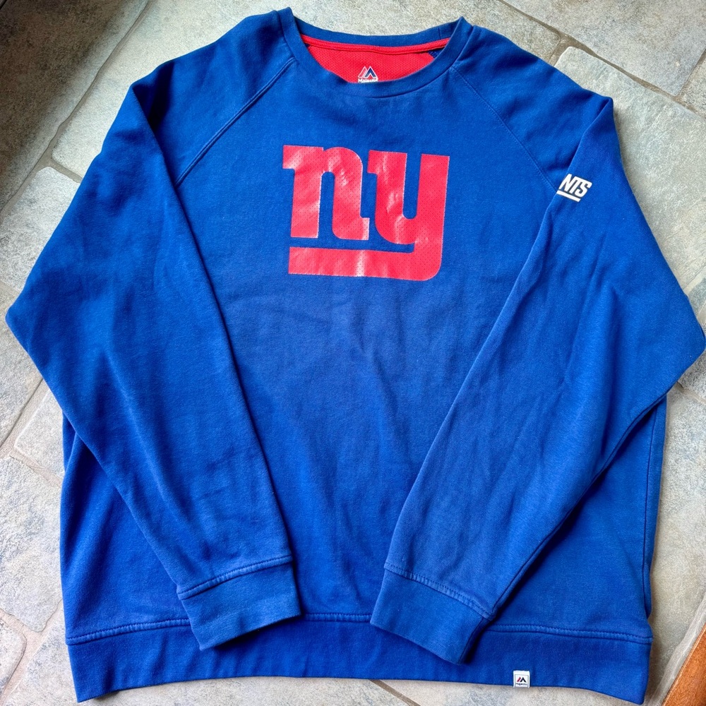 Majestic New York Giants Men’s 2XL Blue and Red Crewneck Giant Sleeve Detail